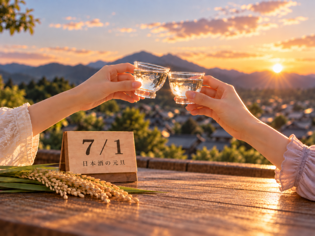 夕陽下兩人舉杯以日本酒乾杯，桌上立著「7/1 日本酒の元旦」木牌