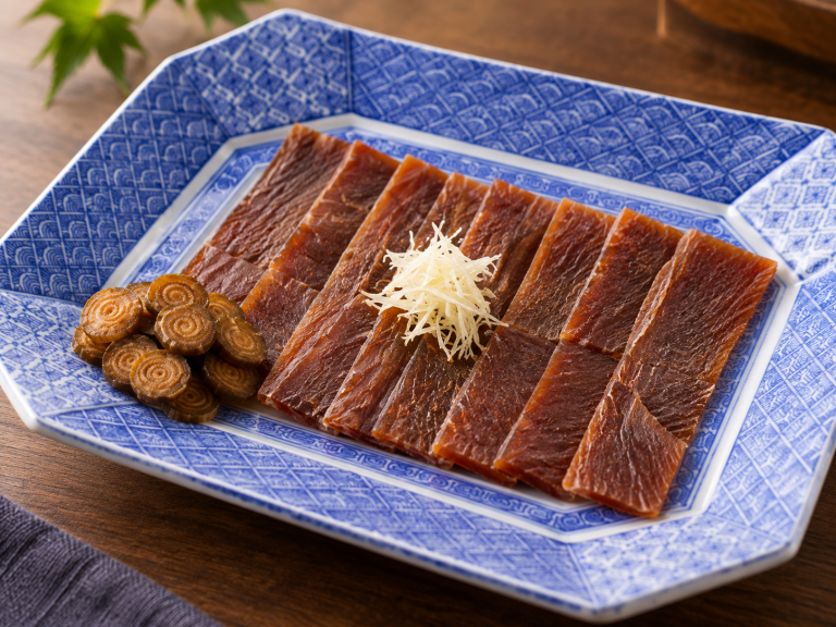 盛在青花瓷盤上的琥珀色鮭の酒びたし切片