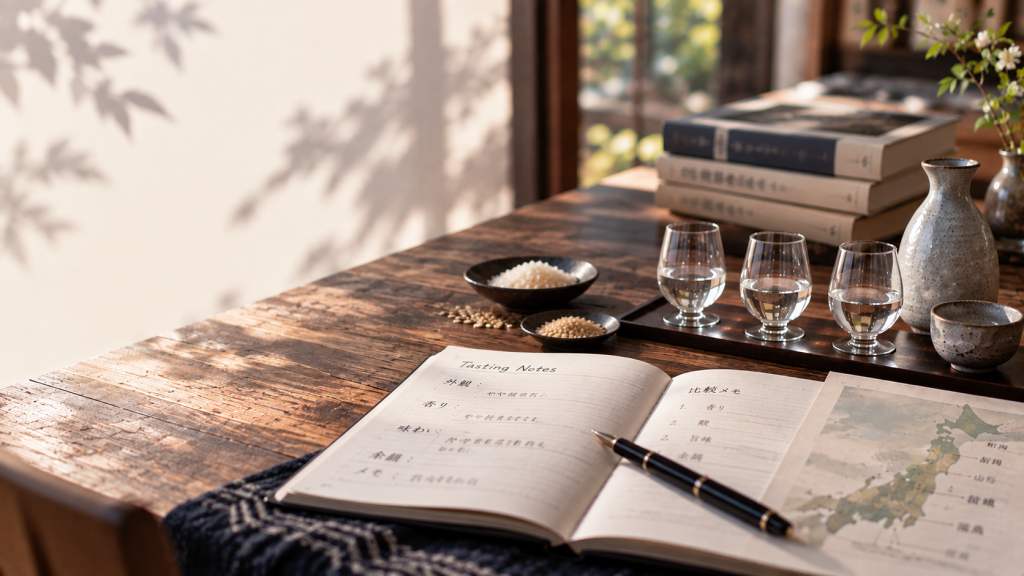 Academy 日本酒品飲桌上擺放酒杯、筆記、酒米與產地資料,呈現安靜的學習與探索氛圍。