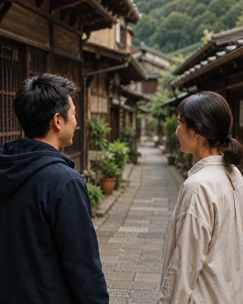 Discover Japan 男女走在日本傳統街區中交流
